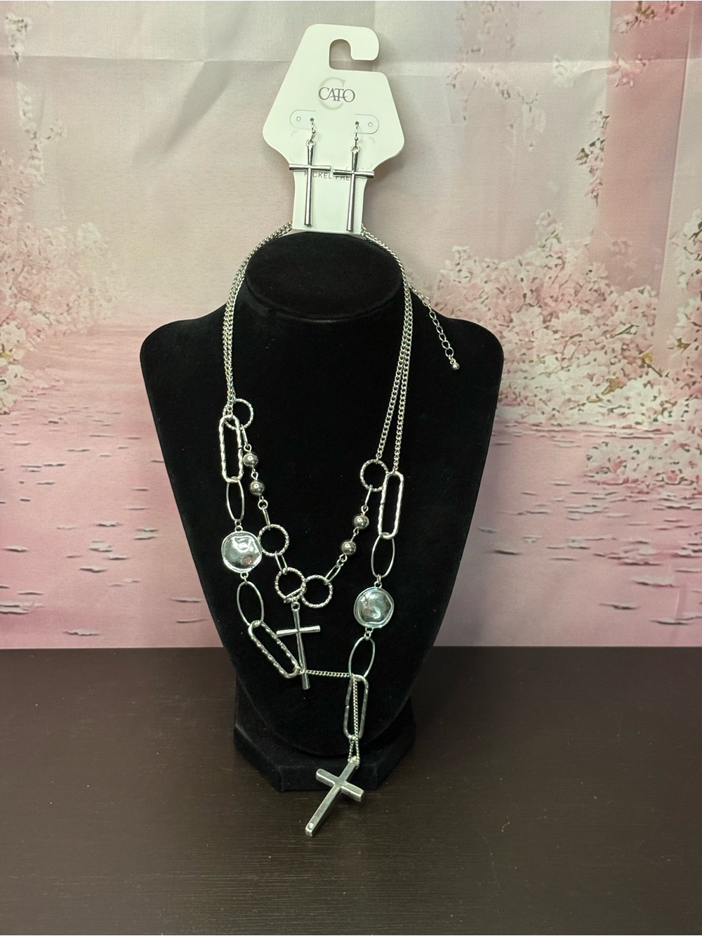 Cato Silver-Tone Cross Pendant Layered Necklace with matching earrings. New.
